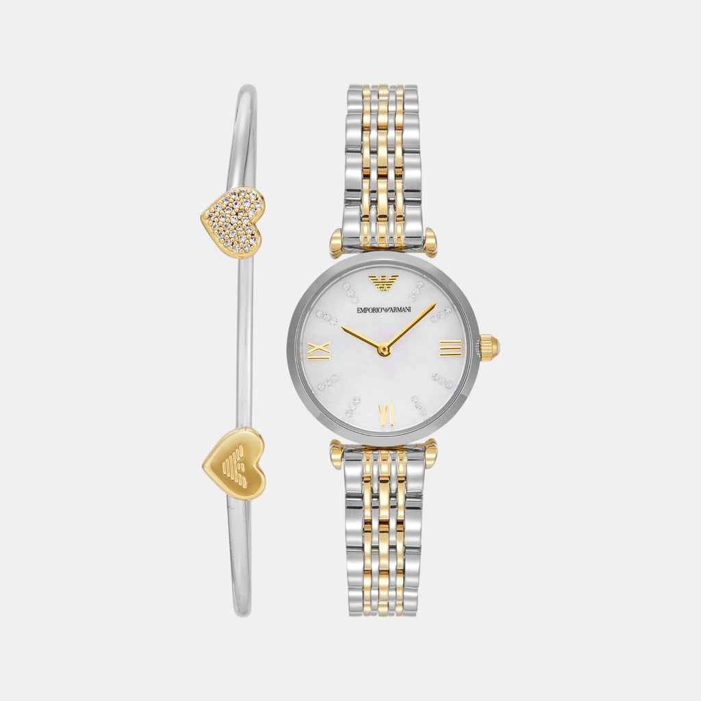 Women Quartz White Mother Of Pearl Dial Analog Stainless Steel Watch AR80078SET