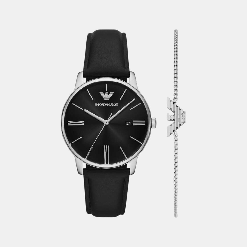 Men Quartz Black Dial Analog Leather Watch AR80079SET