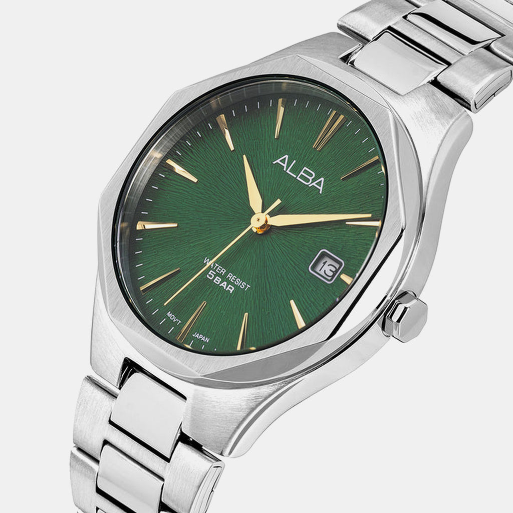Men Quartz Green Dial Analog Stainless Steel Watch AS9U55X1