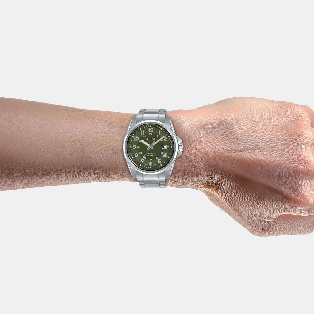 Men Quartz Green Dial Analog Stainless Steel Watch AS9V99X1
