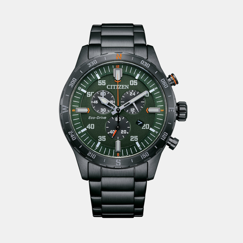 Men Quartz Green Dial Chronograph Stainless Steel Watch AT2527-80X