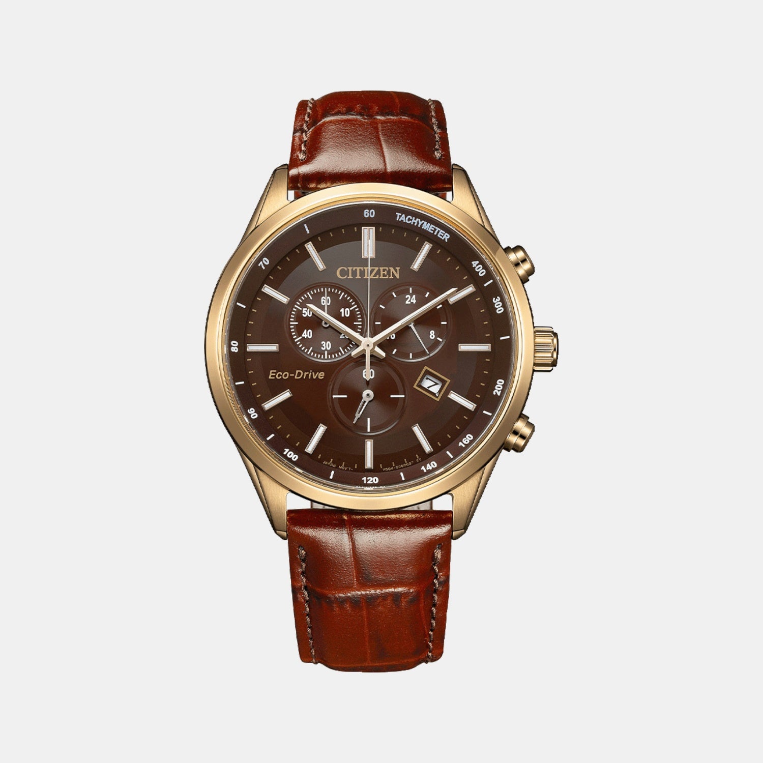 Eco-Drive Chronograph Men Brown Dial Leather Watch AT2573-07X