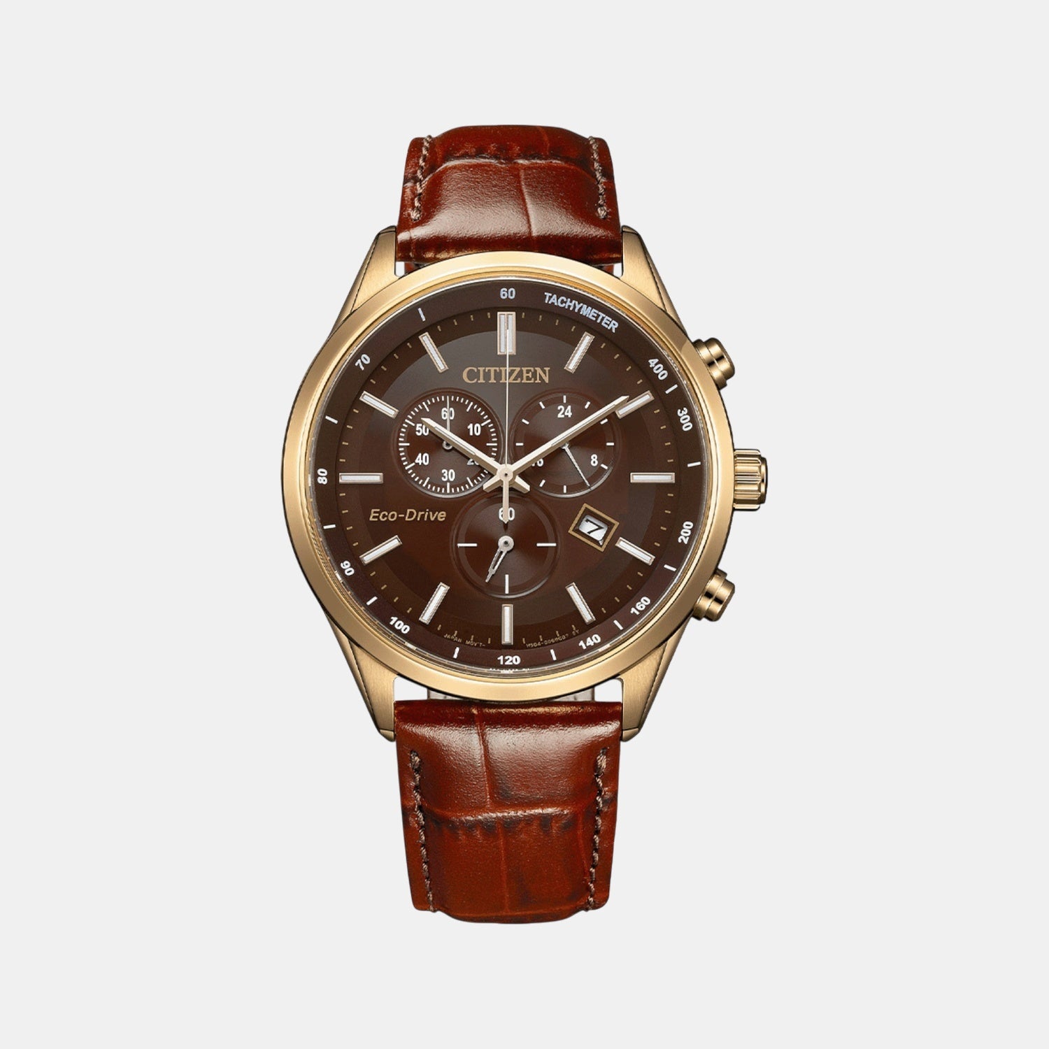 Eco-Drive Chronograph Men Brown Dial Leather Watch AT2573-07X