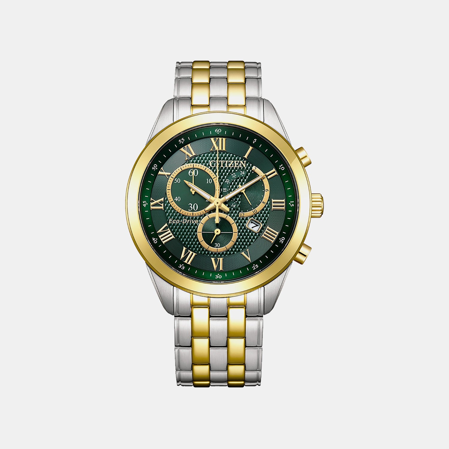 Eco-drive Men Quartz Green Dial Chronograph Stainless Steel Watch AT2604-56X