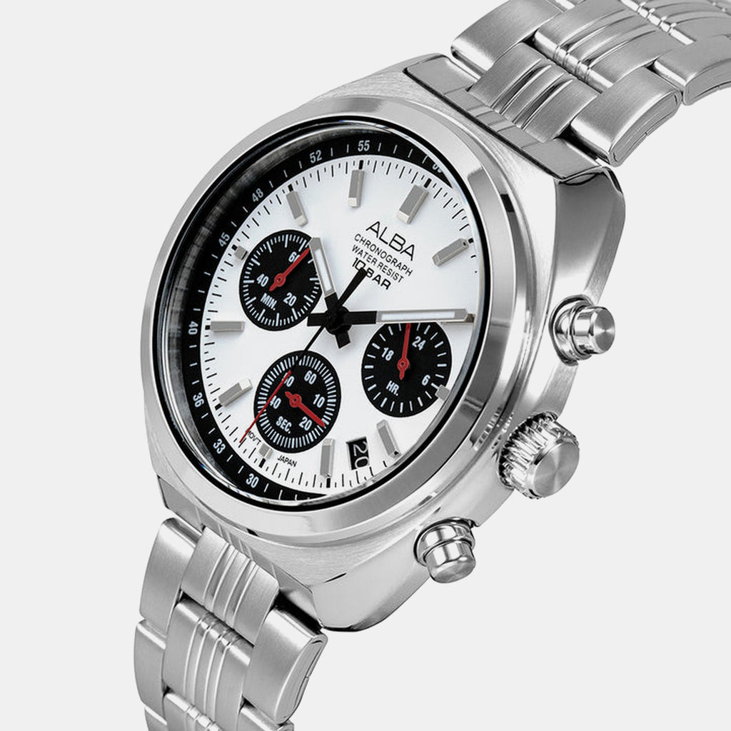 Seashell Men Quartz White Dial Chronograph Stainless Steel Watch AT3K11X1