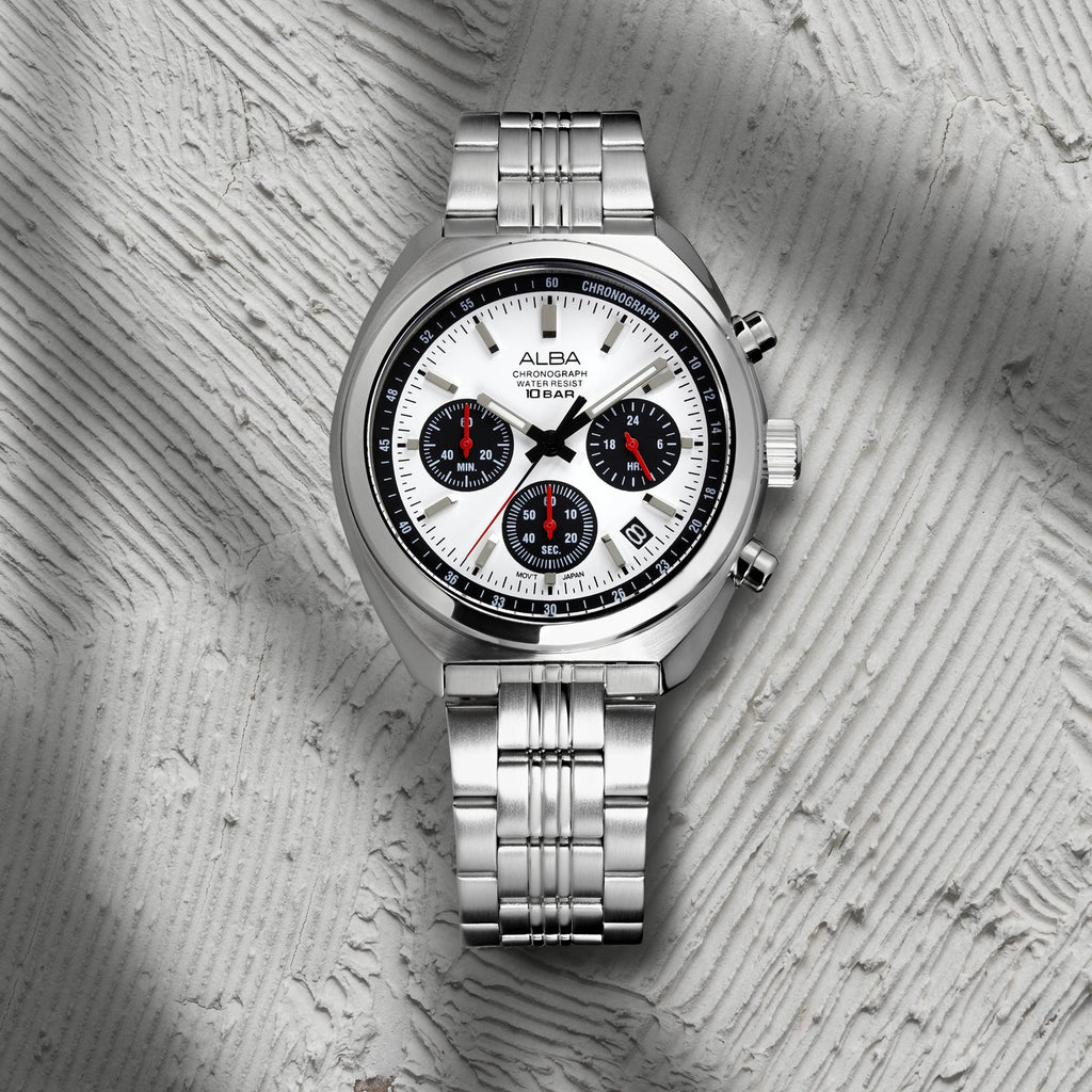 Seashell Men Quartz White Dial Chronograph Stainless Steel Watch AT3K11X1