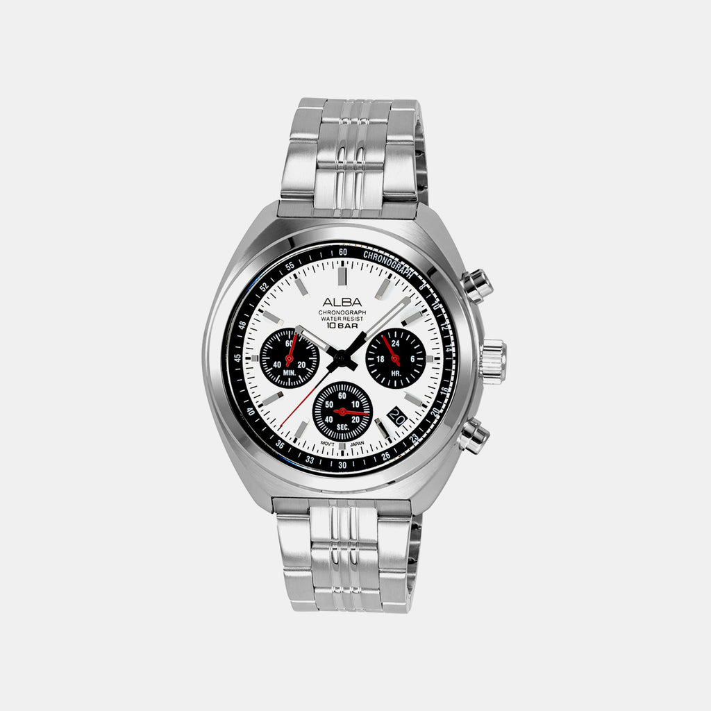Seashell Men Quartz White Dial Chronograph Steel Watch AT3K11X1