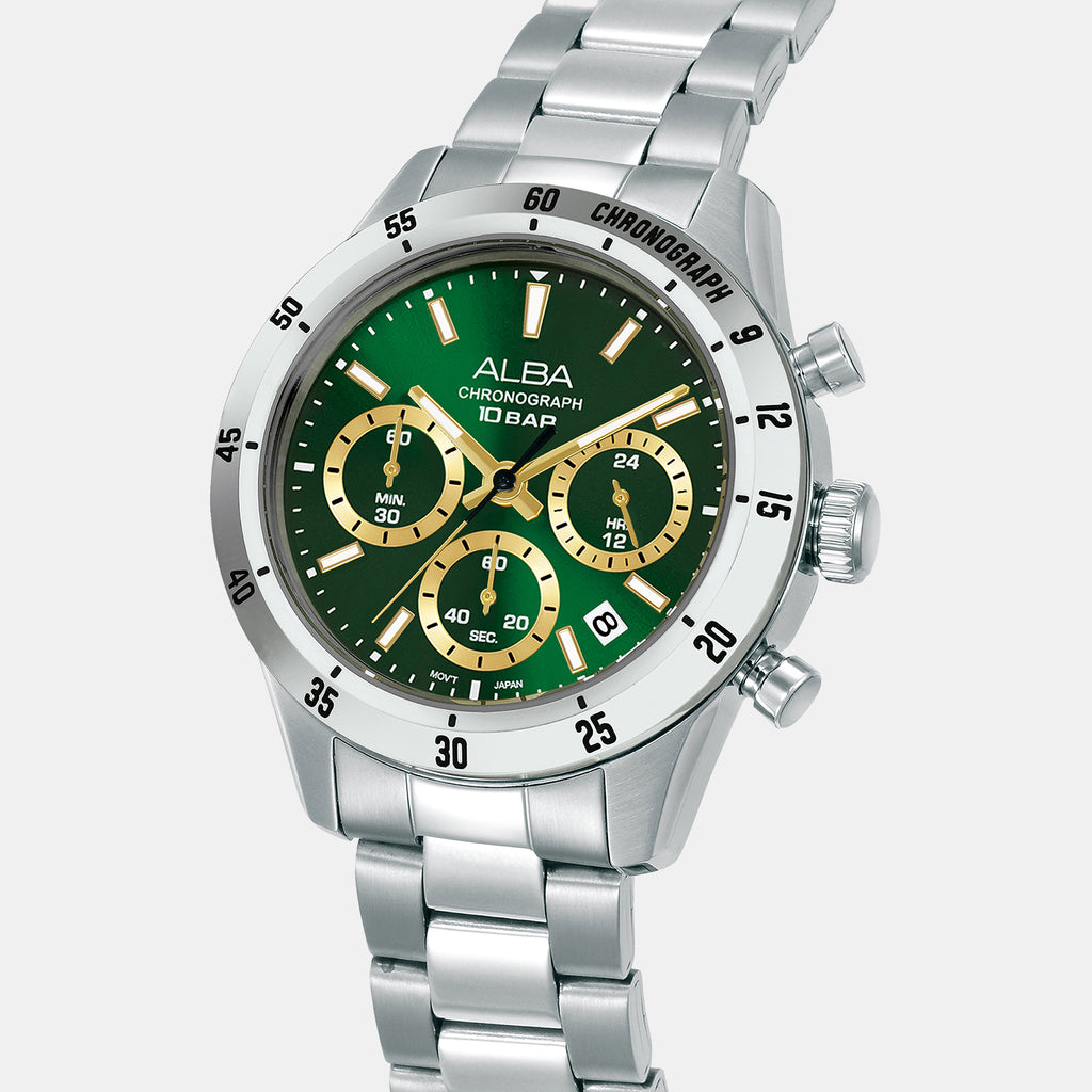Active Men Quartz Green Dial Chronograph Stainless Steel Watch AT3L23X1
