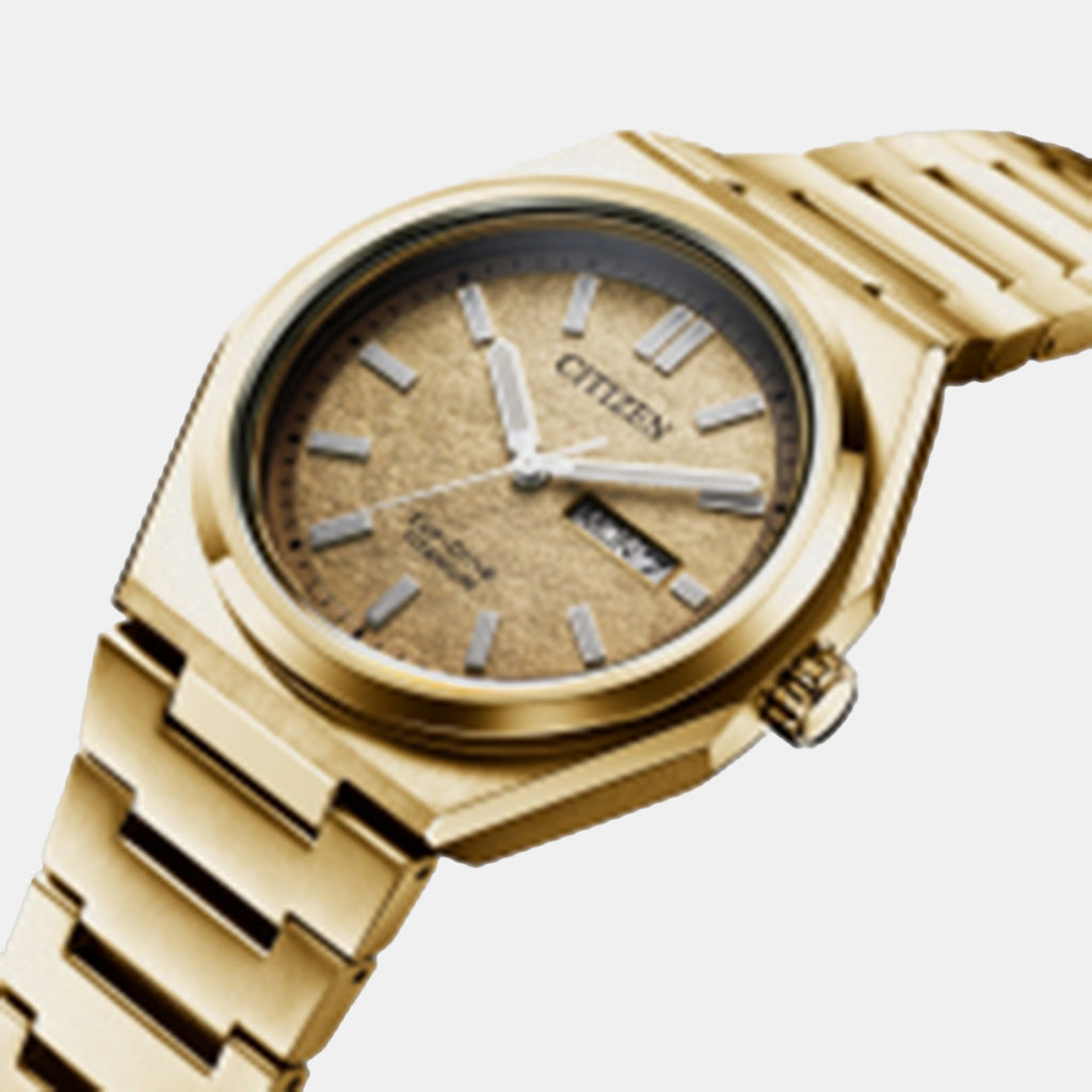 Zenshin Men Quartz Eco-Drive Gold Dial Analog Titanium Watch AW0132-55P