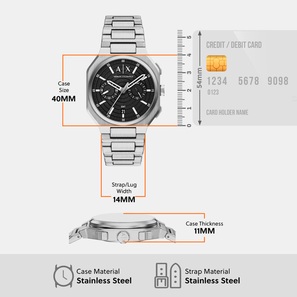 Men Quartz Black Dial Chronograph Stainless Steel Watch AX1475