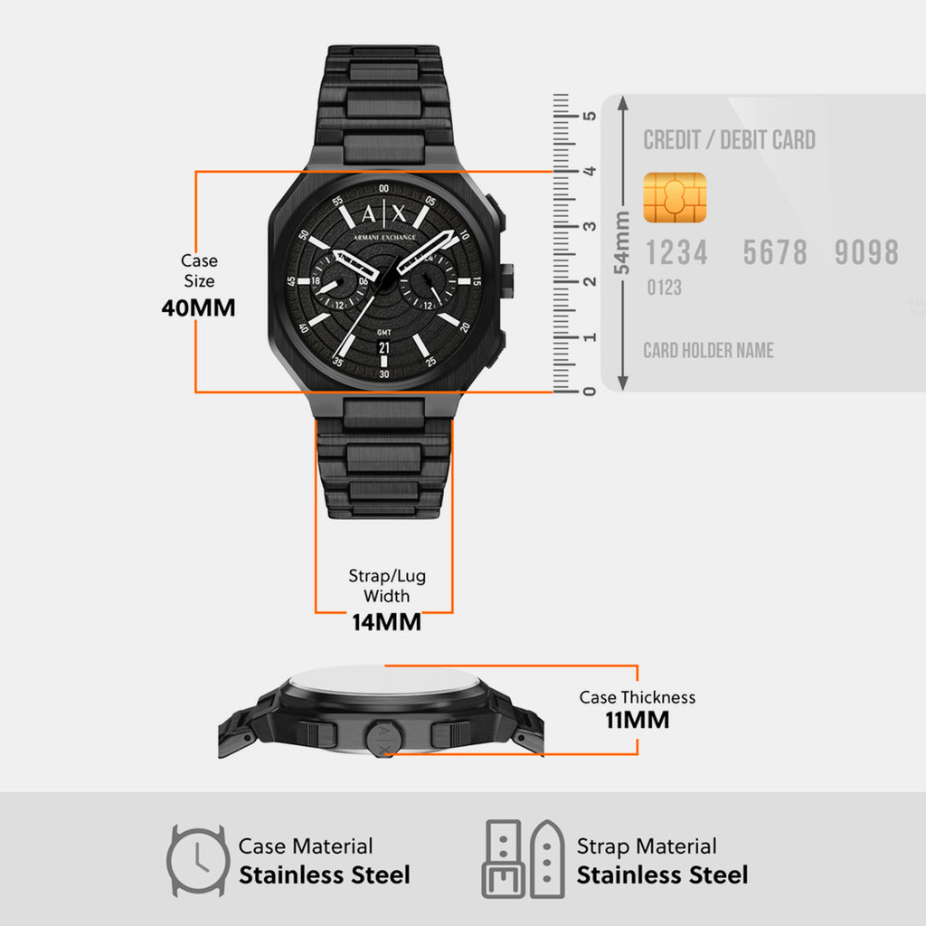 Men Quartz Black Dial Chronograph Stainless Steel Watch AX1478