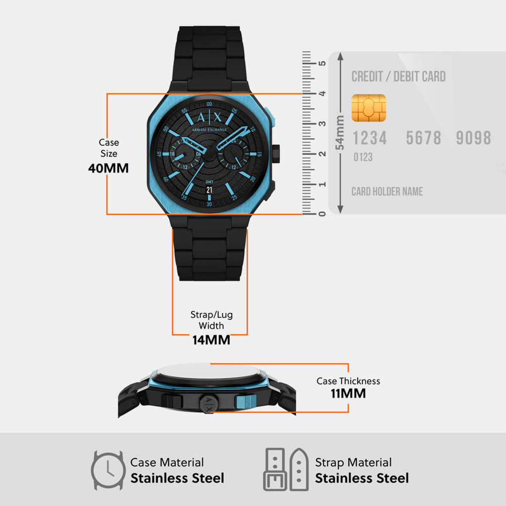 Men Quartz Black Dial Chronograph Stainless Steel Watch AX1480