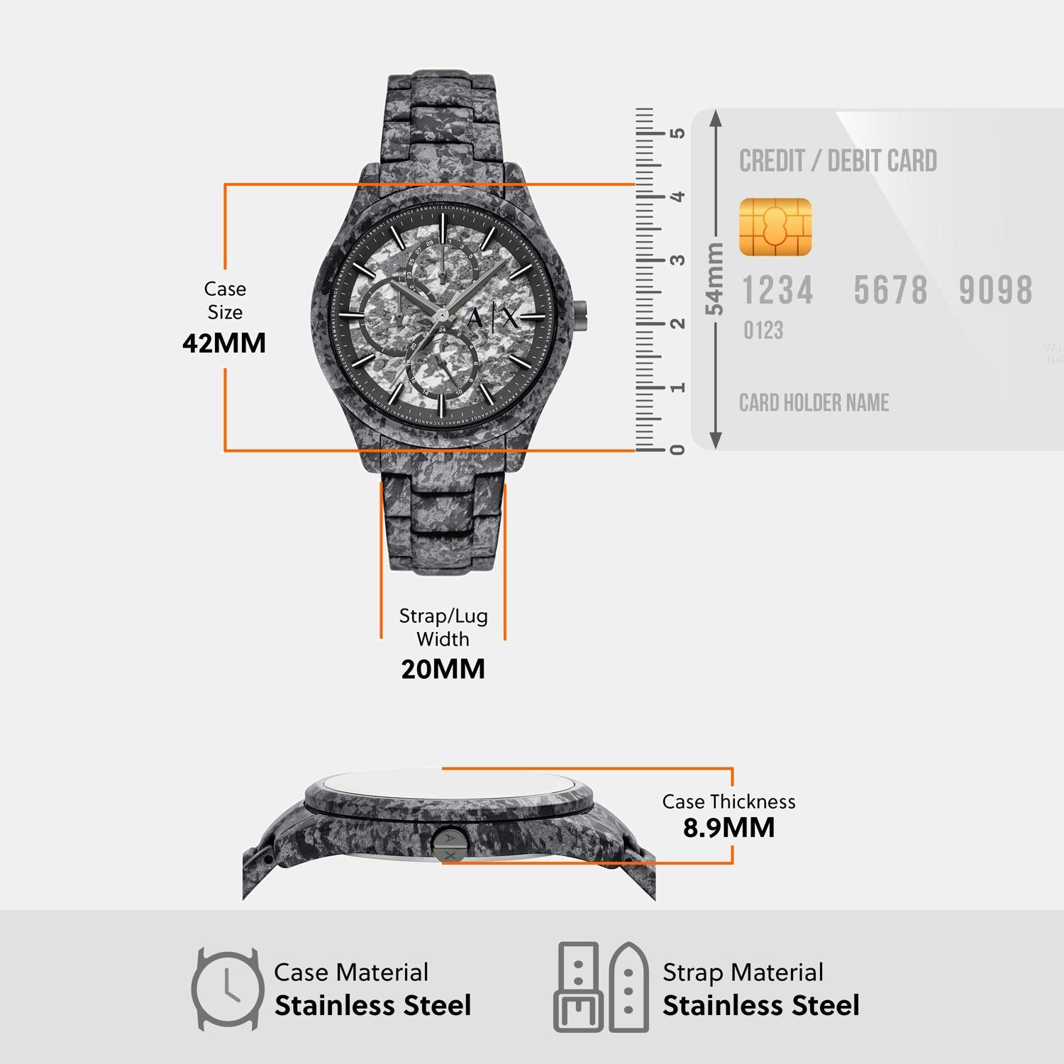 Men Quartz Grey Dial Multi-Function Stainless Steel Watch AX1885