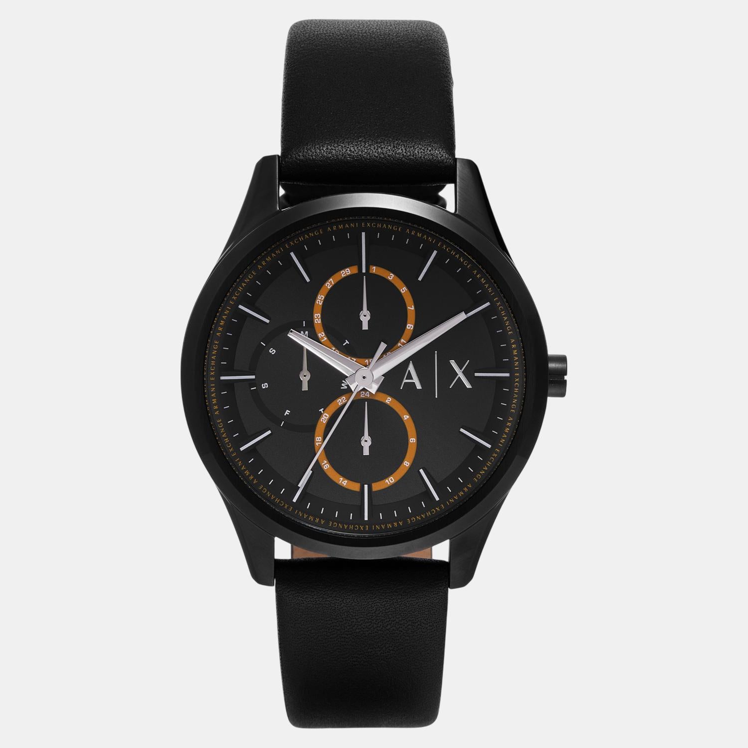 Men Quartz Black Dial Multi-Function Leather Watch AX1886