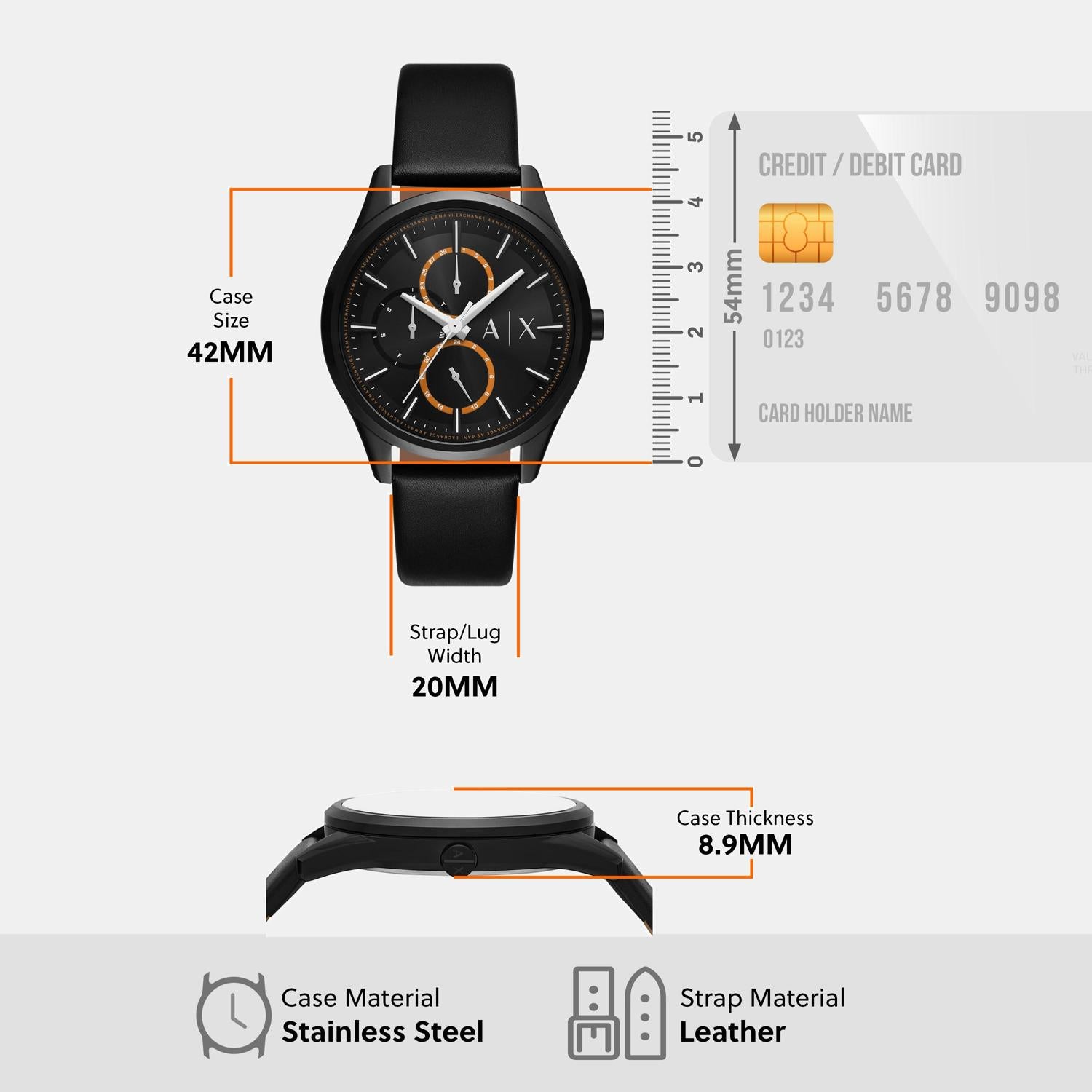 Men Quartz Black Dial Multi-Function Leather Watch AX1886