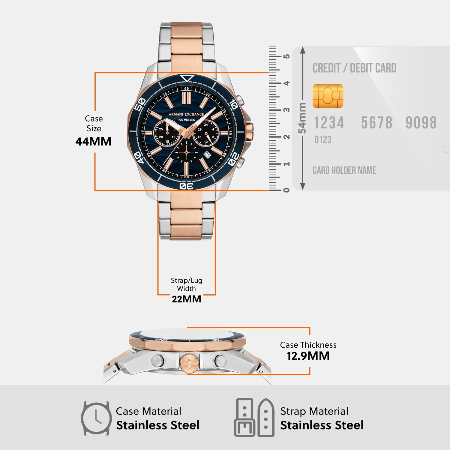 Men Quartz Blue Dial Chronograph Stainless Steel Watch AX1965