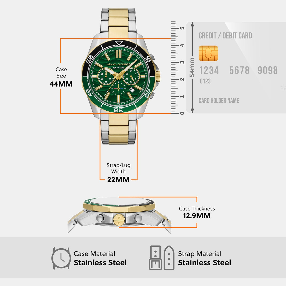 Men Quartz Green Dial Chronograph Stainless Steel Watch AX1966