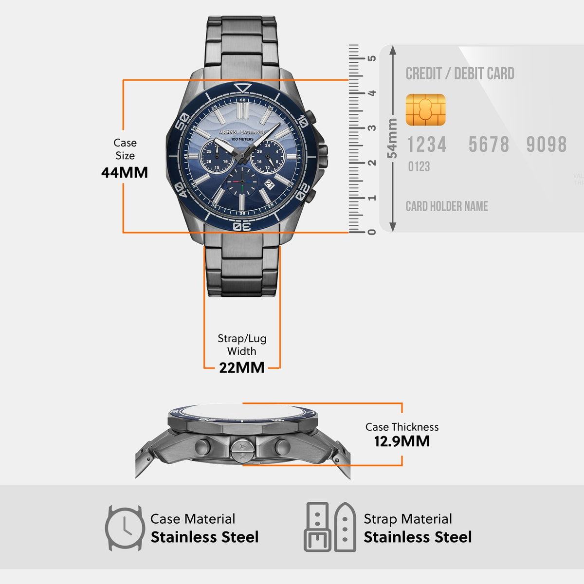 Men Quartz Blue Dial Chronograph Stainless Steel Watch AX1967