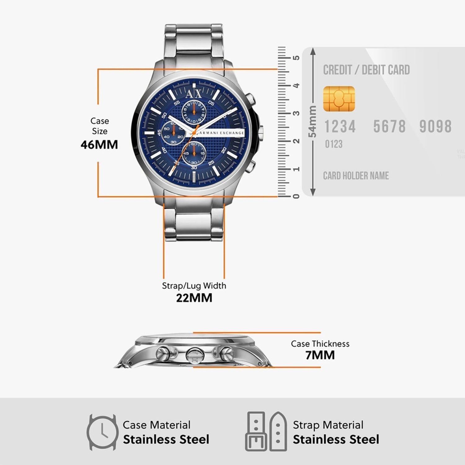 Men Quartz Blue Dial Chronograph Stainless Steel Watch AX2155