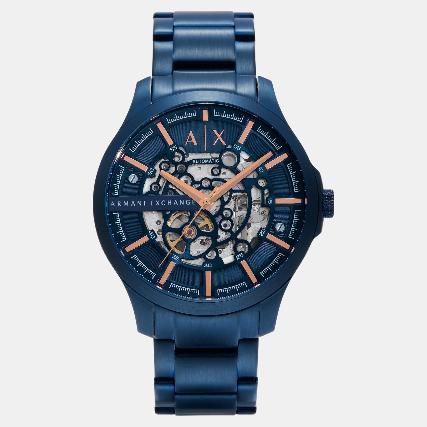 Men Automatic Blue Dial Analog Stainless Steel Watch AX2457