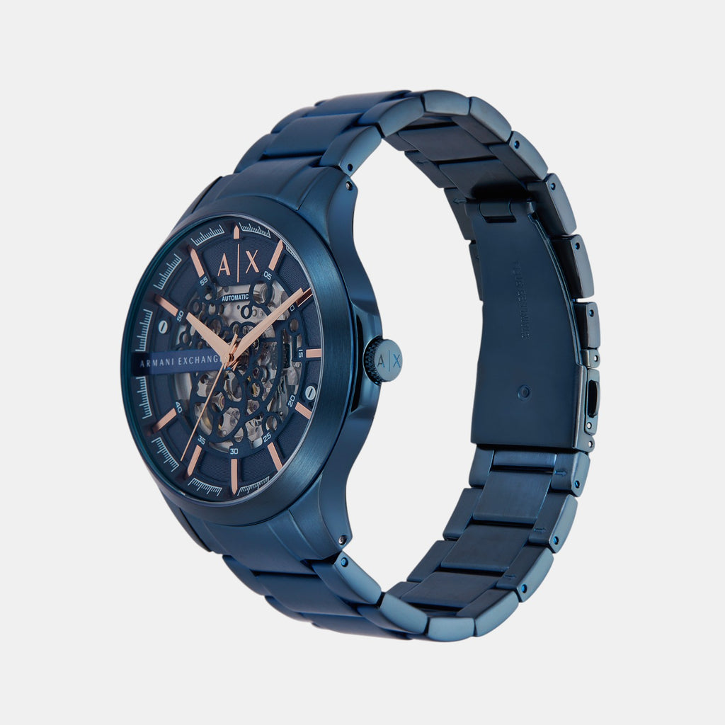 Men Automatic Blue Dial Analog Stainless Steel Watch AX2457