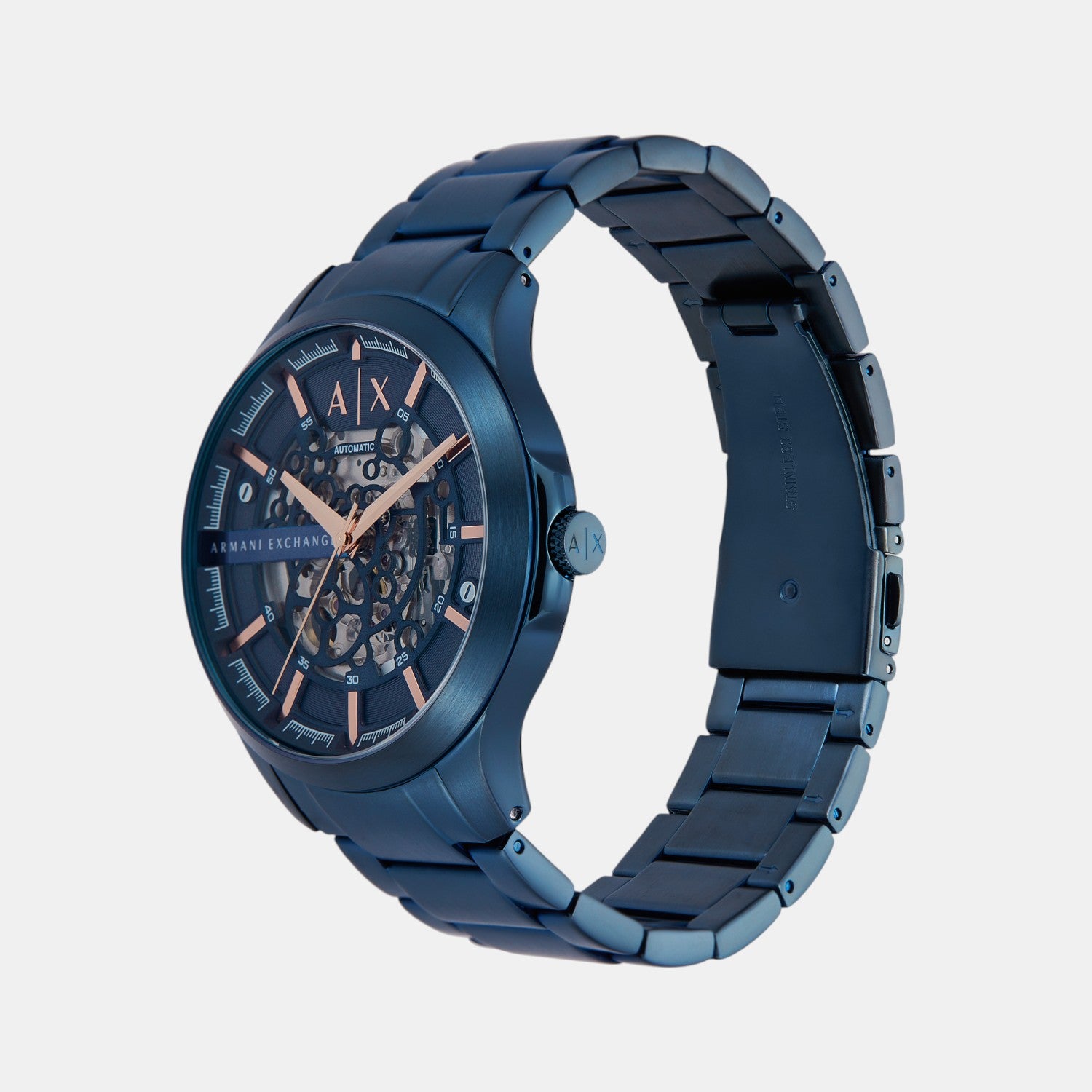 Men Automatic Blue Dial Analog Stainless Steel Watch AX2457