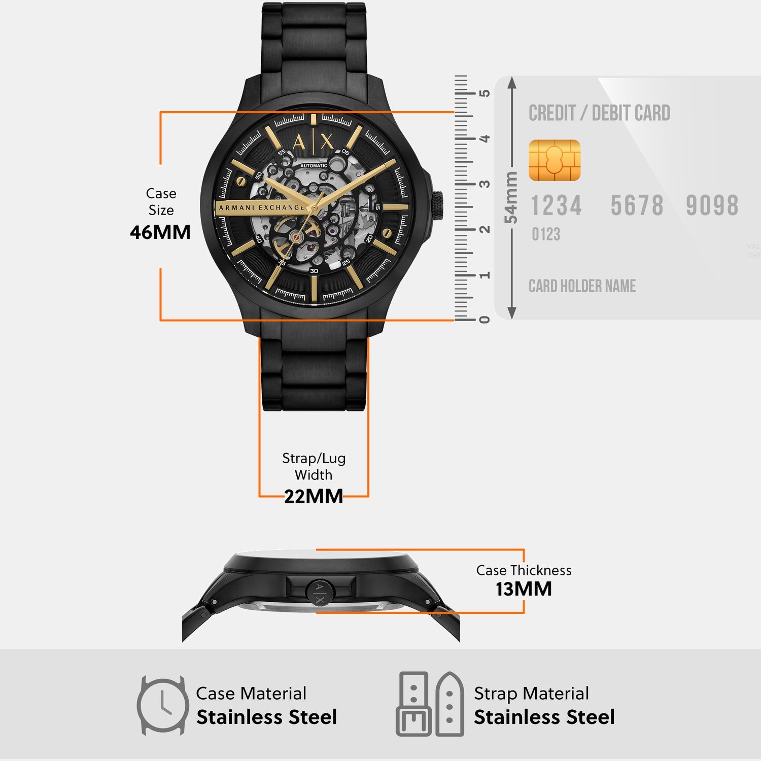 Men Mechanical Black Dial Analog Stainless Steel Watch AX2463