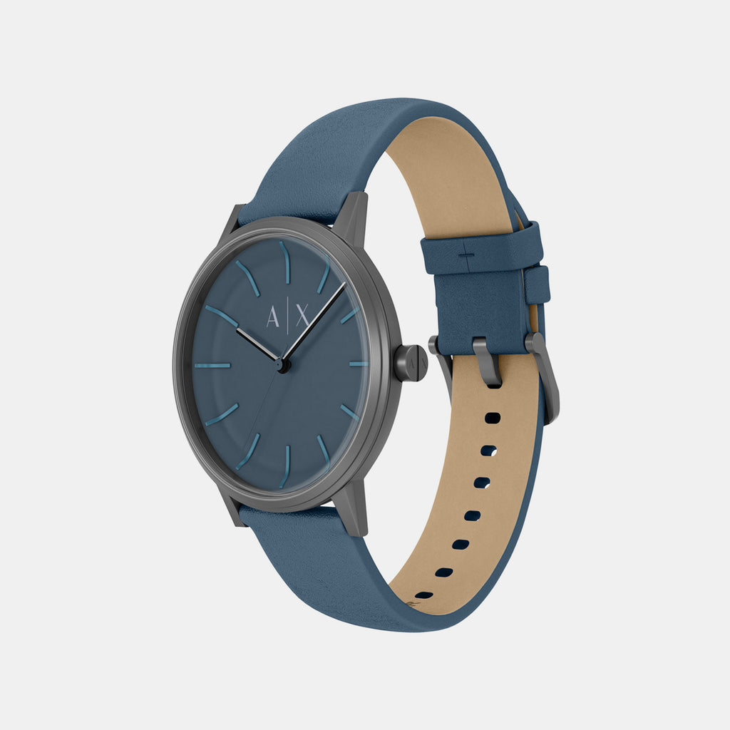 Men Quartz Blue Dial Analog Leather Watch AX2767