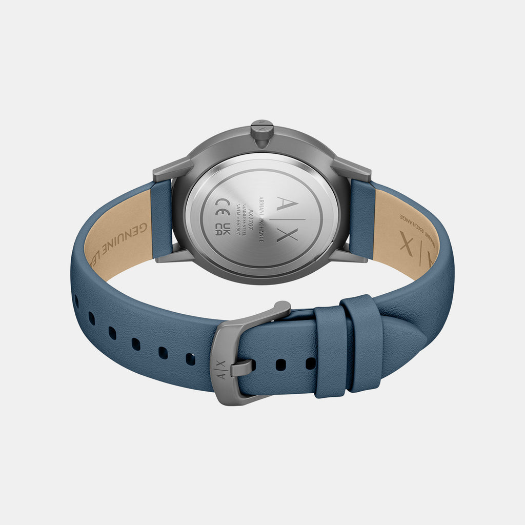 Men Quartz Blue Dial Analog Leather Watch AX2767