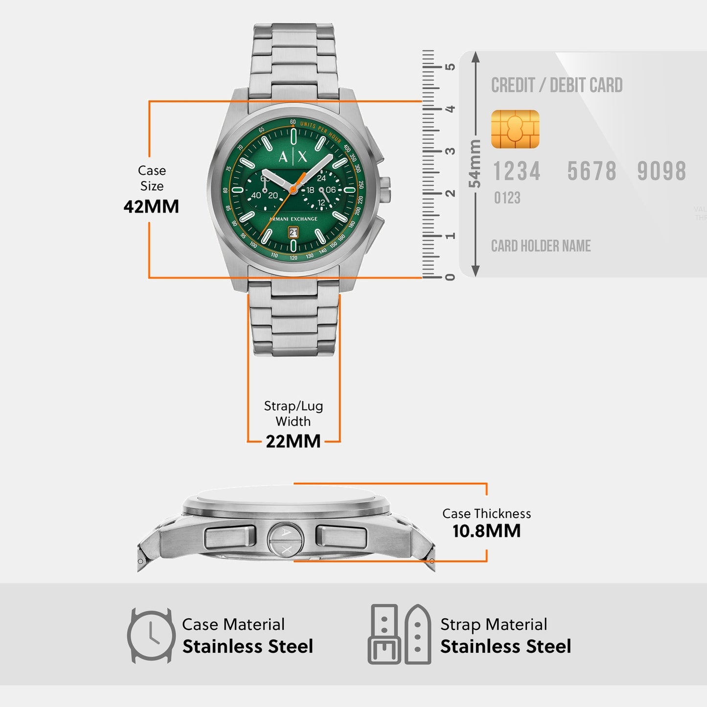 Men Quartz Green Dial Chronograph Stainless Steel Watch AX2862