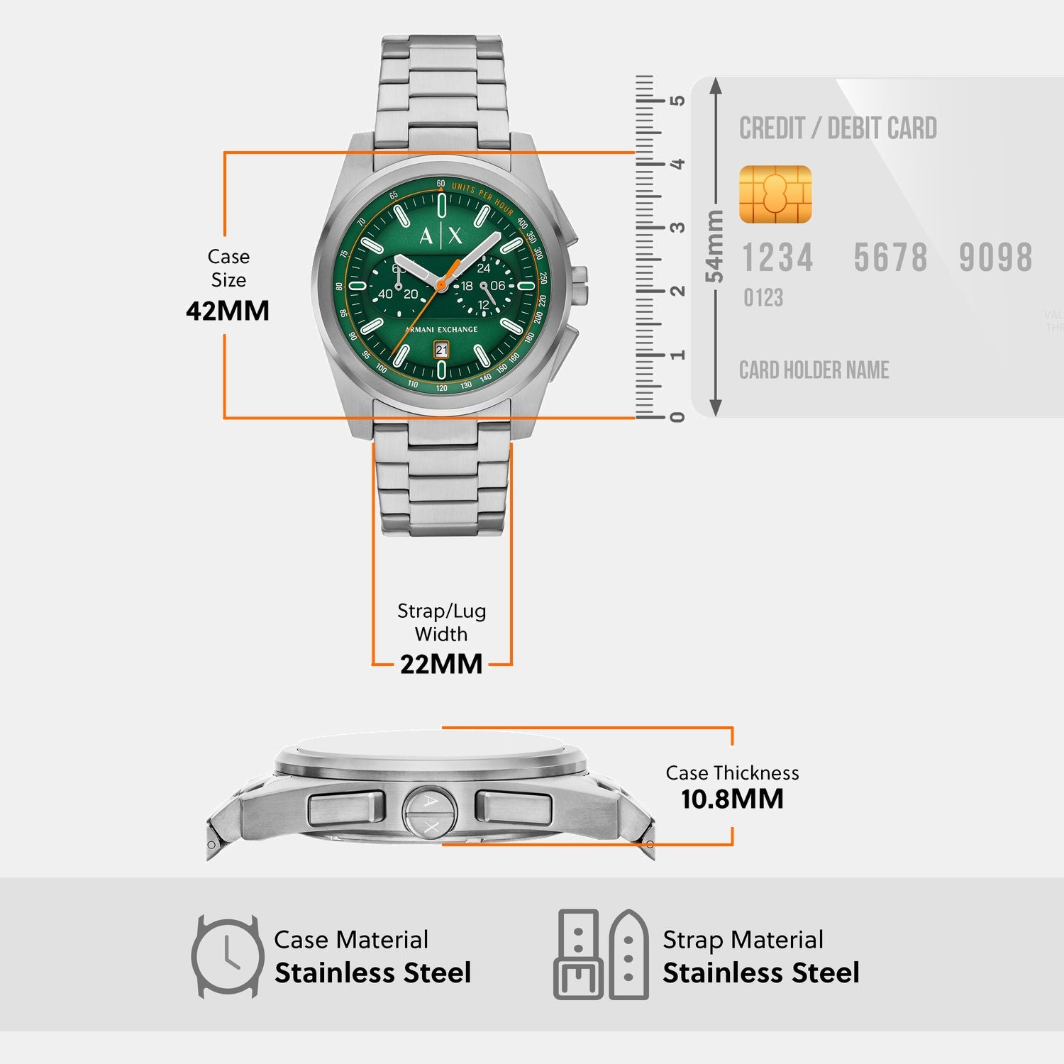 Men Quartz Green Dial Chronograph Stainless Steel Watch AX2862