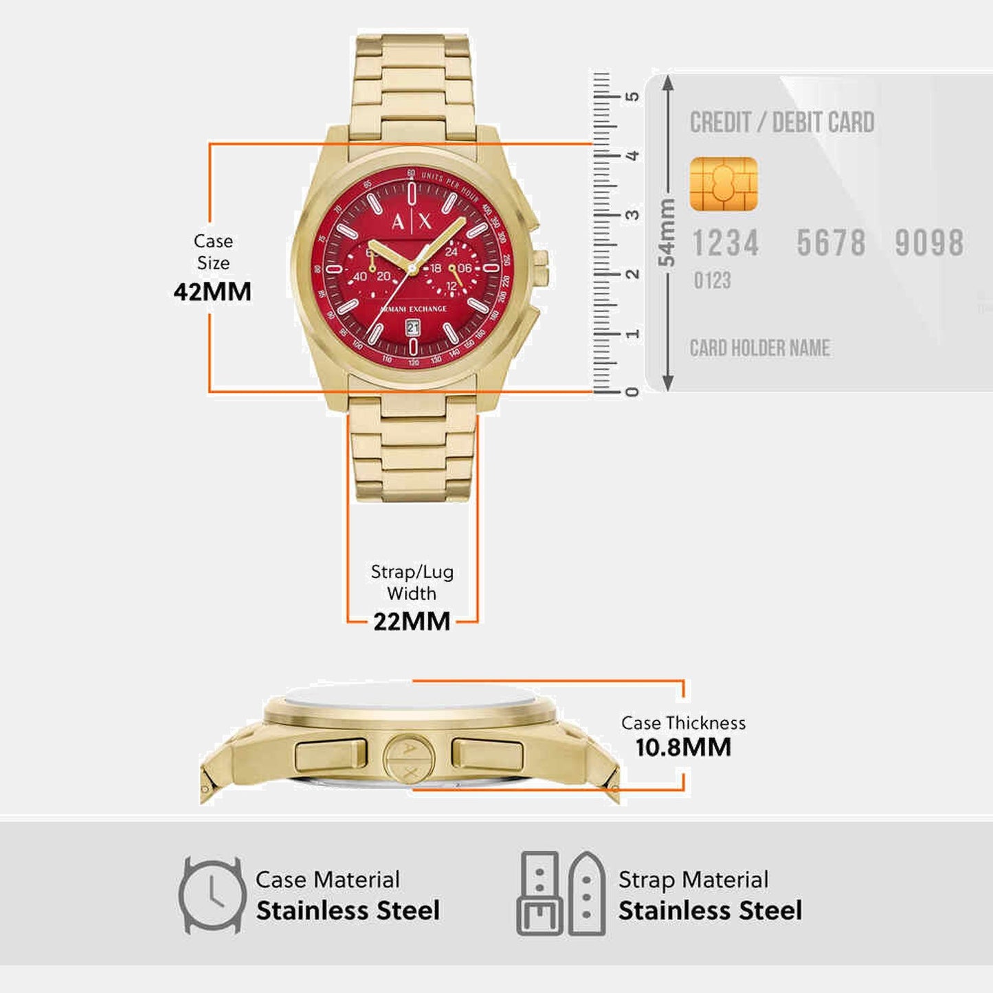 Men Quartz Red Dial Chronograph Stainless Steel Watch AX2863