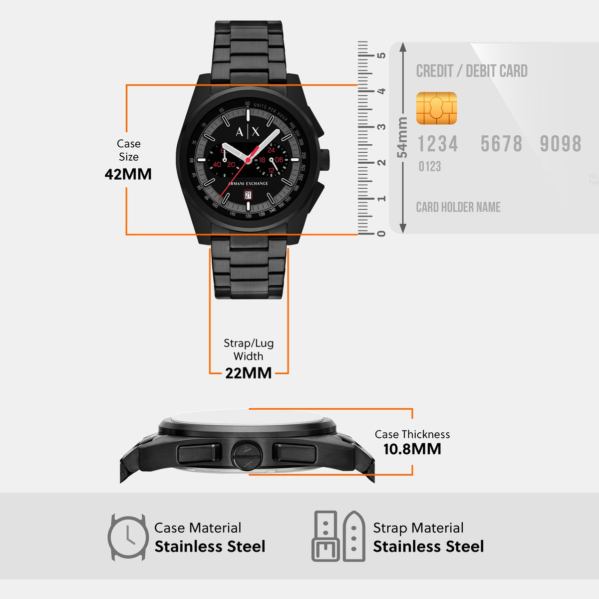 Men Quartz Black Dial Chronograph Stainless Steel Watch AX2864