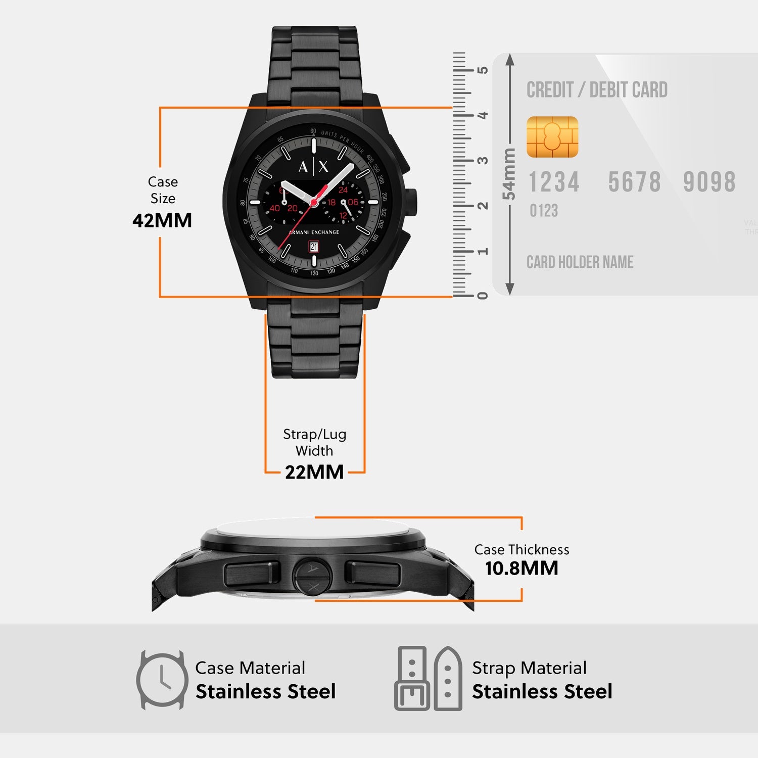 Men Quartz Black Dial Chronograph Stainless Steel Watch AX2864