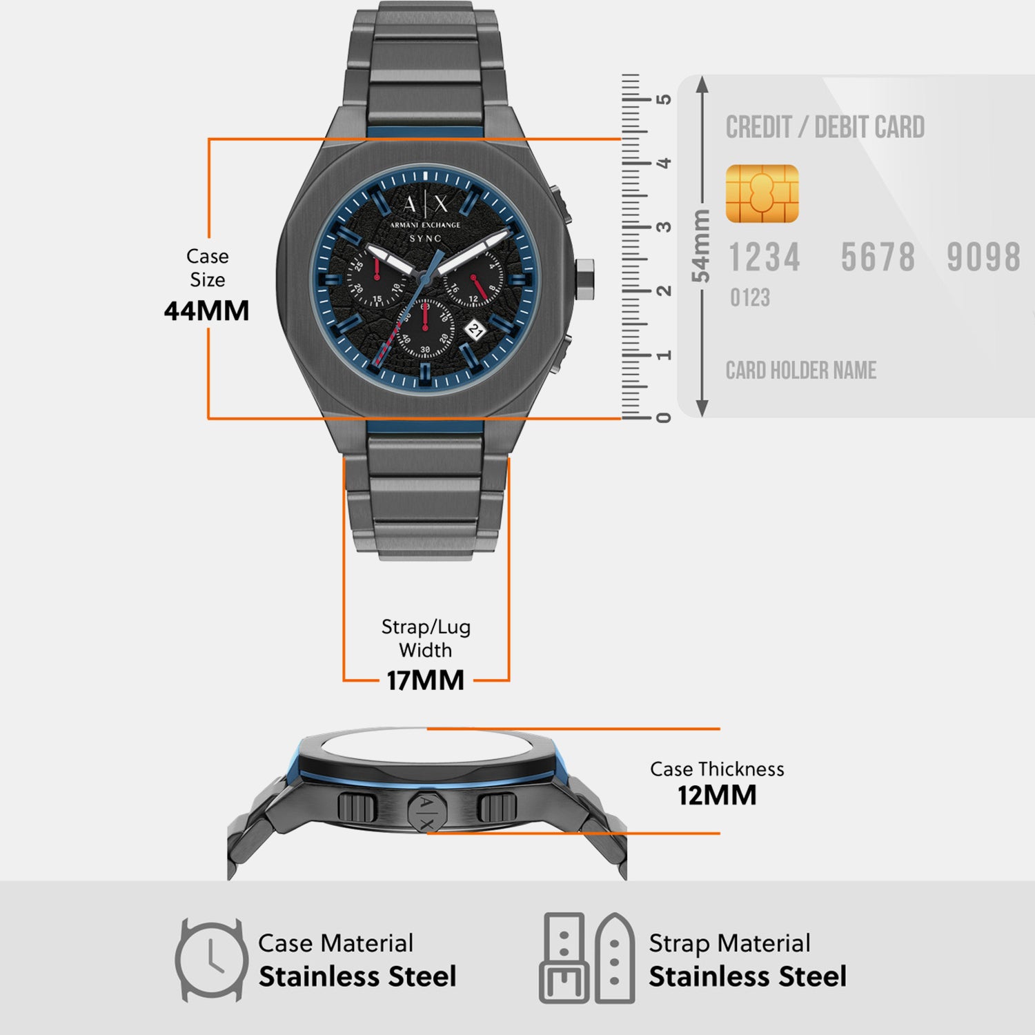 Men Quartz Black Dial Chronograph Stainless Steel Watch AX4295