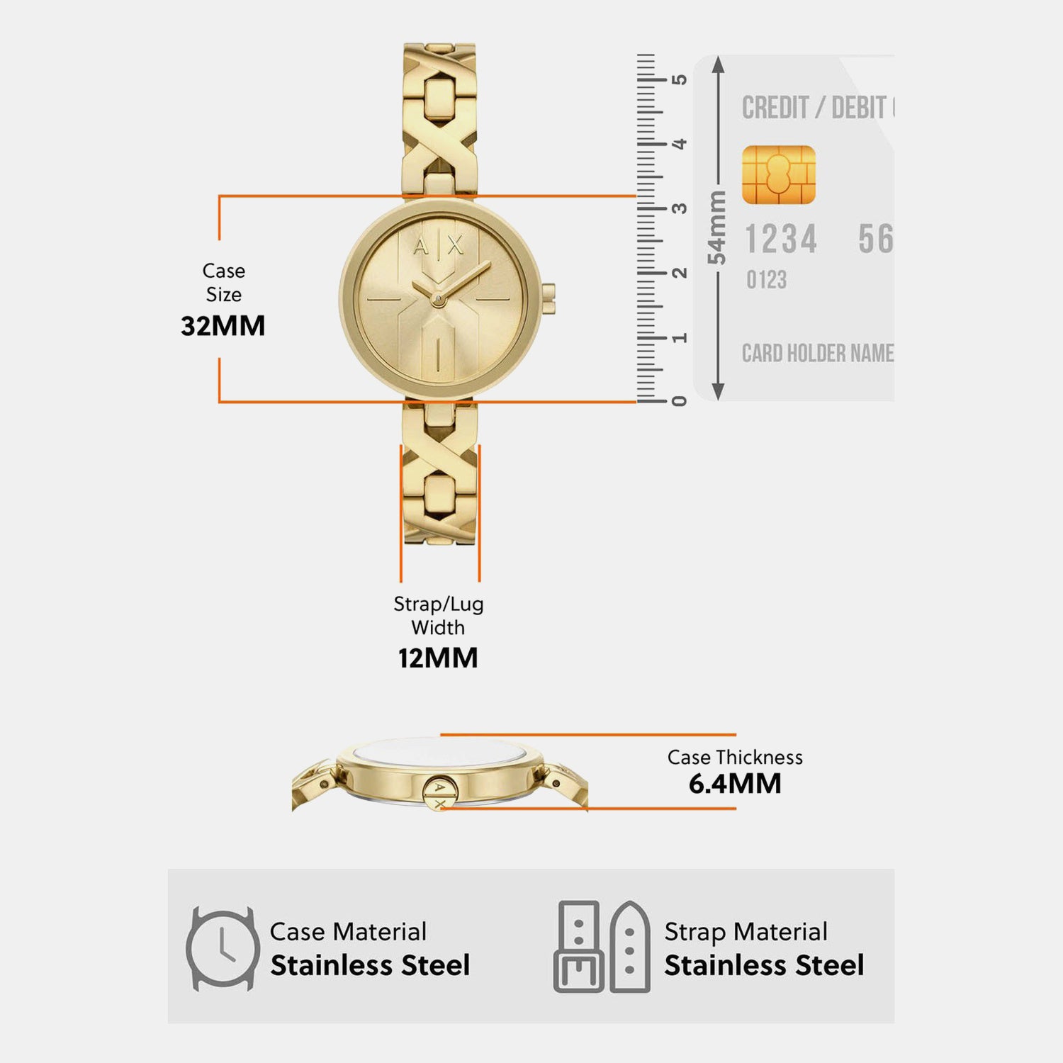 Women Quartz Gold Dial Analog Stainless Steel Watch AX5831