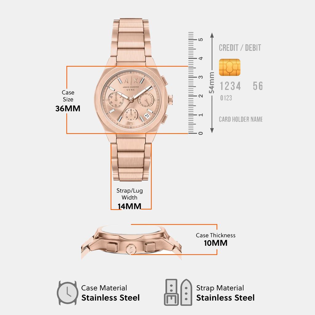 Women Quartz Rose Gold Dial Chronograph Stainless Steel Watch AX6035