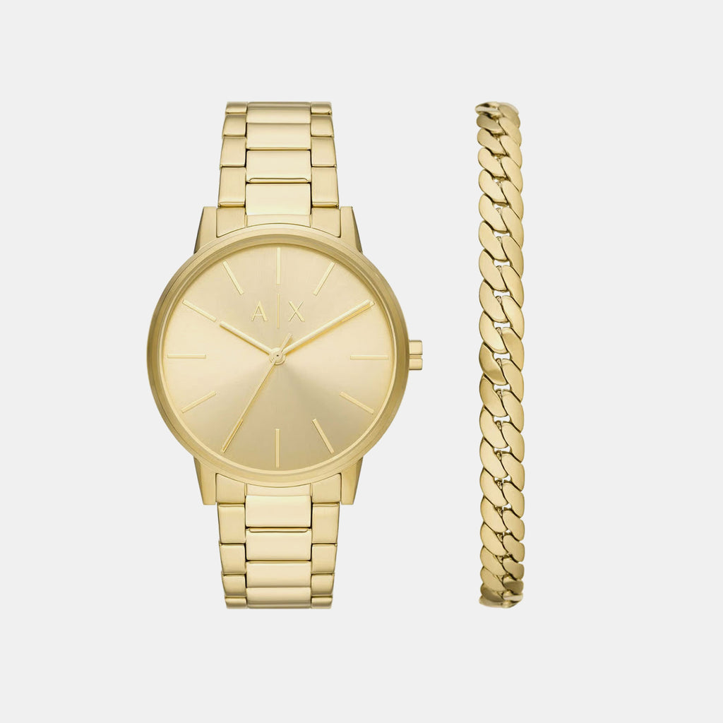 Men Quartz Gold Dial Analog Stainless Steel Watch AX7144SET