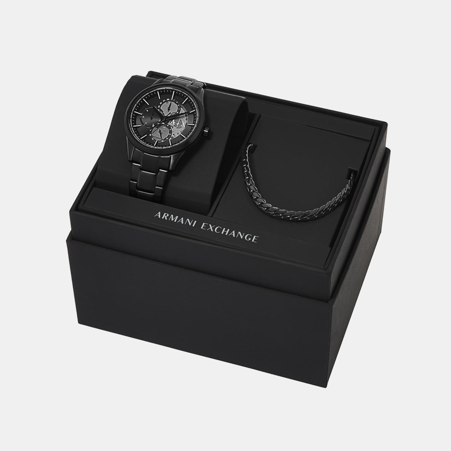 Na Men Quartz Black Dial Multi-Function Stainless Steel Watch AX7160SET