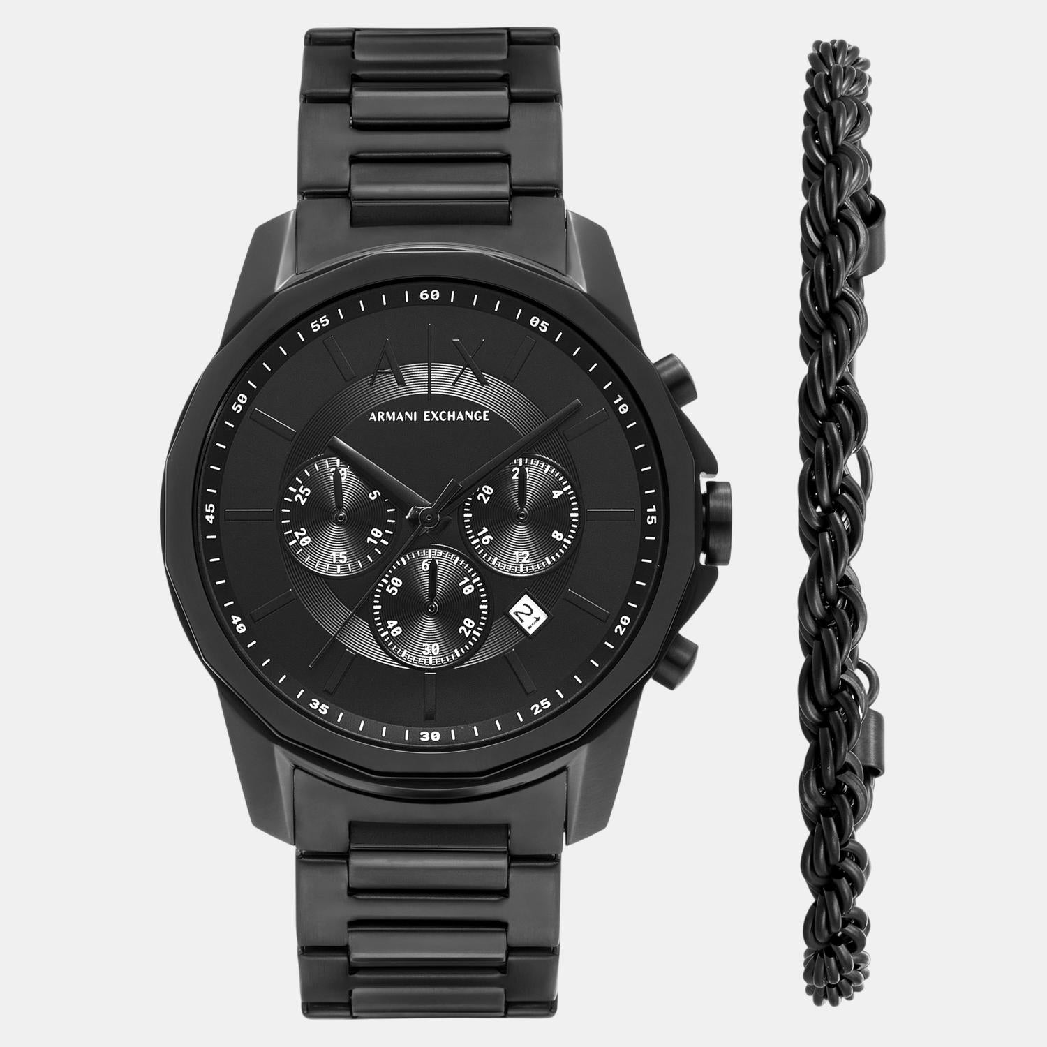 Men Quartz Black Dial Chronograph Stainless Steel Watch AX7163SET