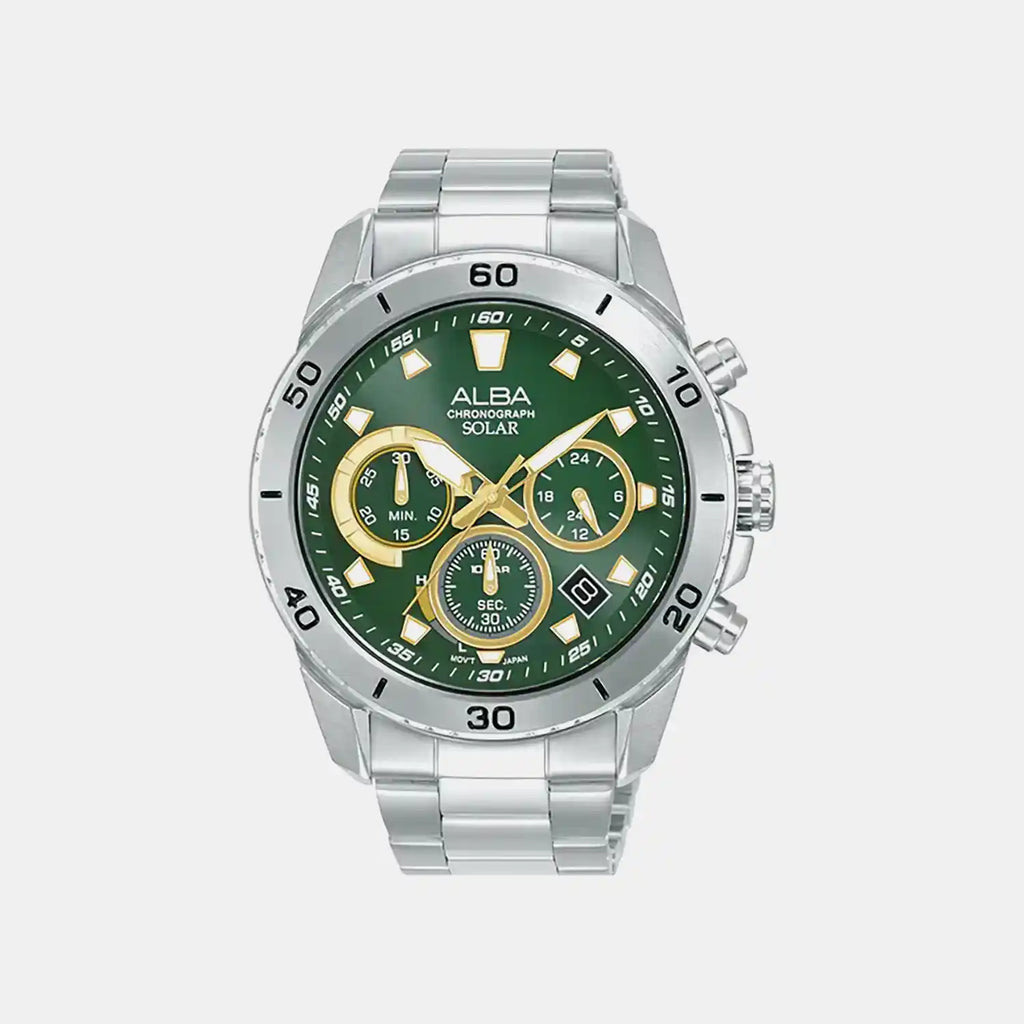 Men Solar Green Dial Chronograph Stainless Steel Watch AZ5011X1