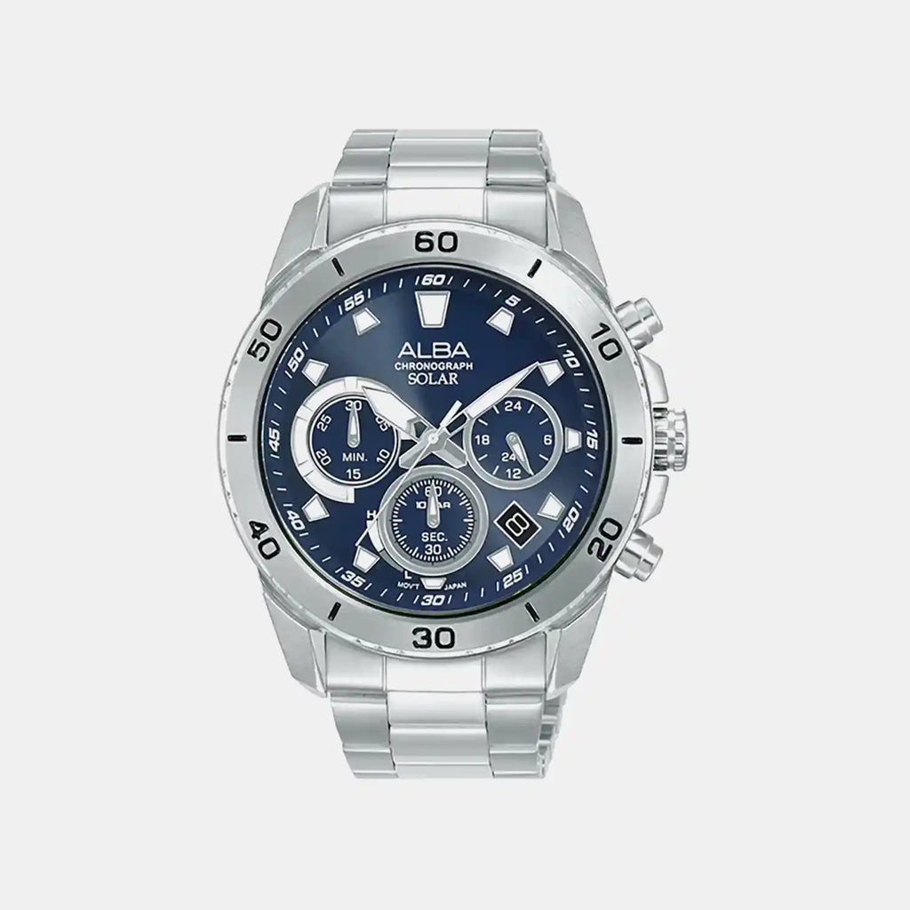 Men Solar Blue Dial Chronograph Stainless Steel Watch AZ5013X1