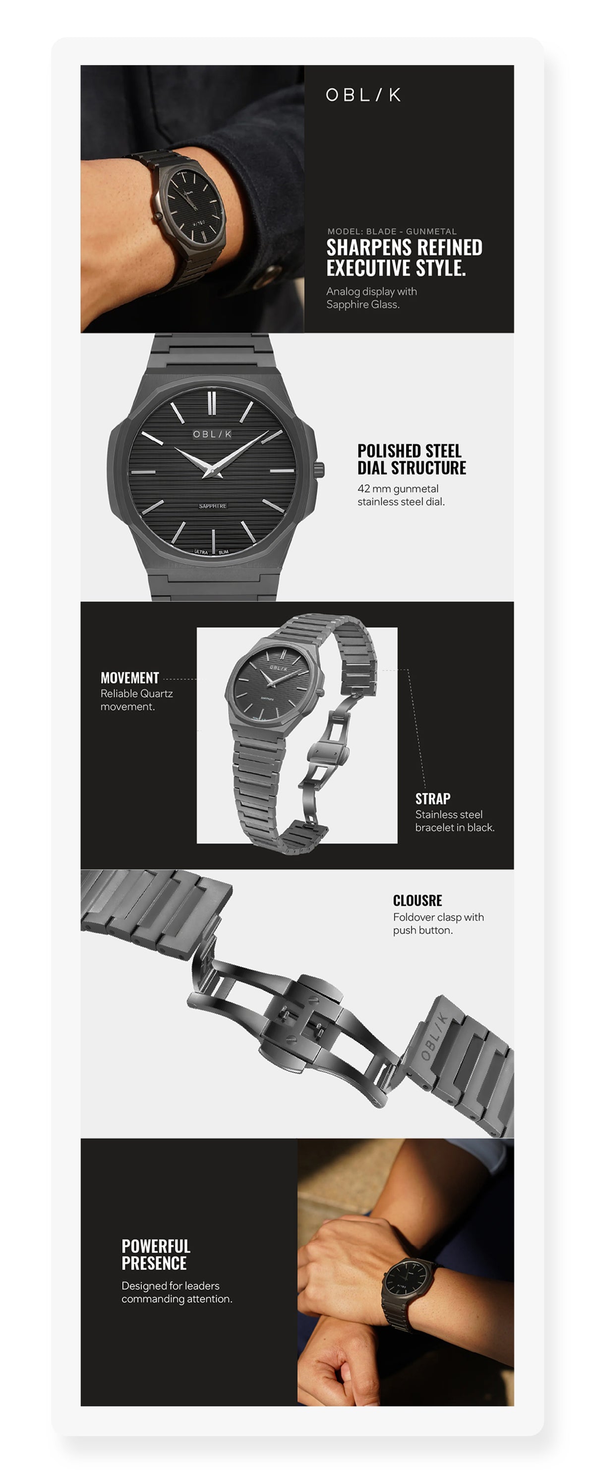 Blade Men Quartz Black Dial Analog Stainless Steel Watch BLADE-GUNMETAL