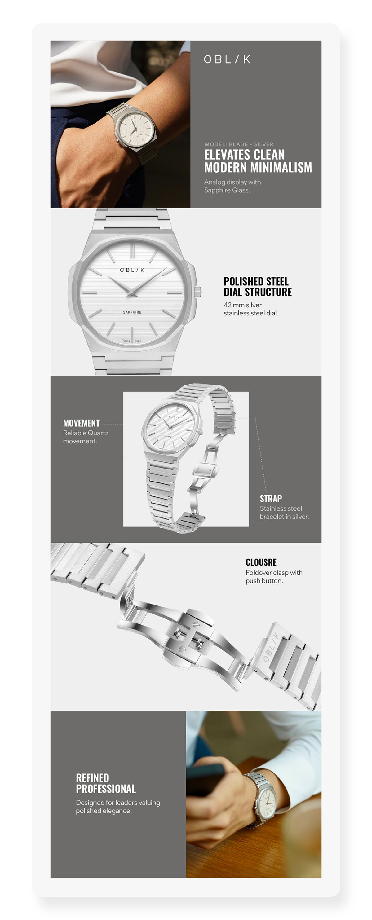 Blade Men Quartz Silver Dial Analog Stainless Steel Watch BLADE-SILVER