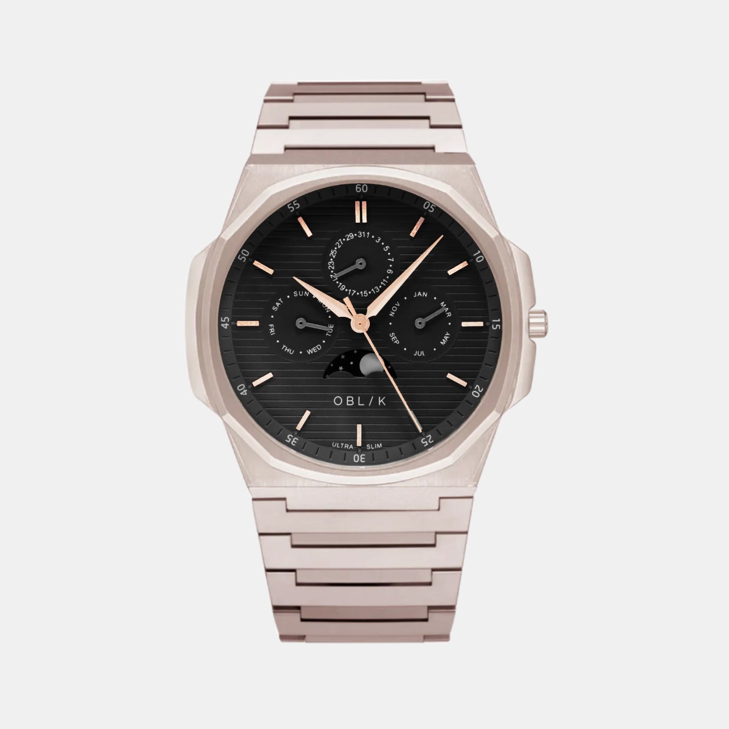 Moonphase Men Quartz Black Dial Multi-Function Stainless Steel Watch BLADE LUNAR CALENDAR-RG