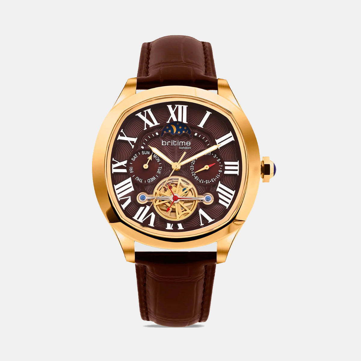 Romaire Men Automatic Maroon Dial Multi-Function Leather Watch 1641-L30608