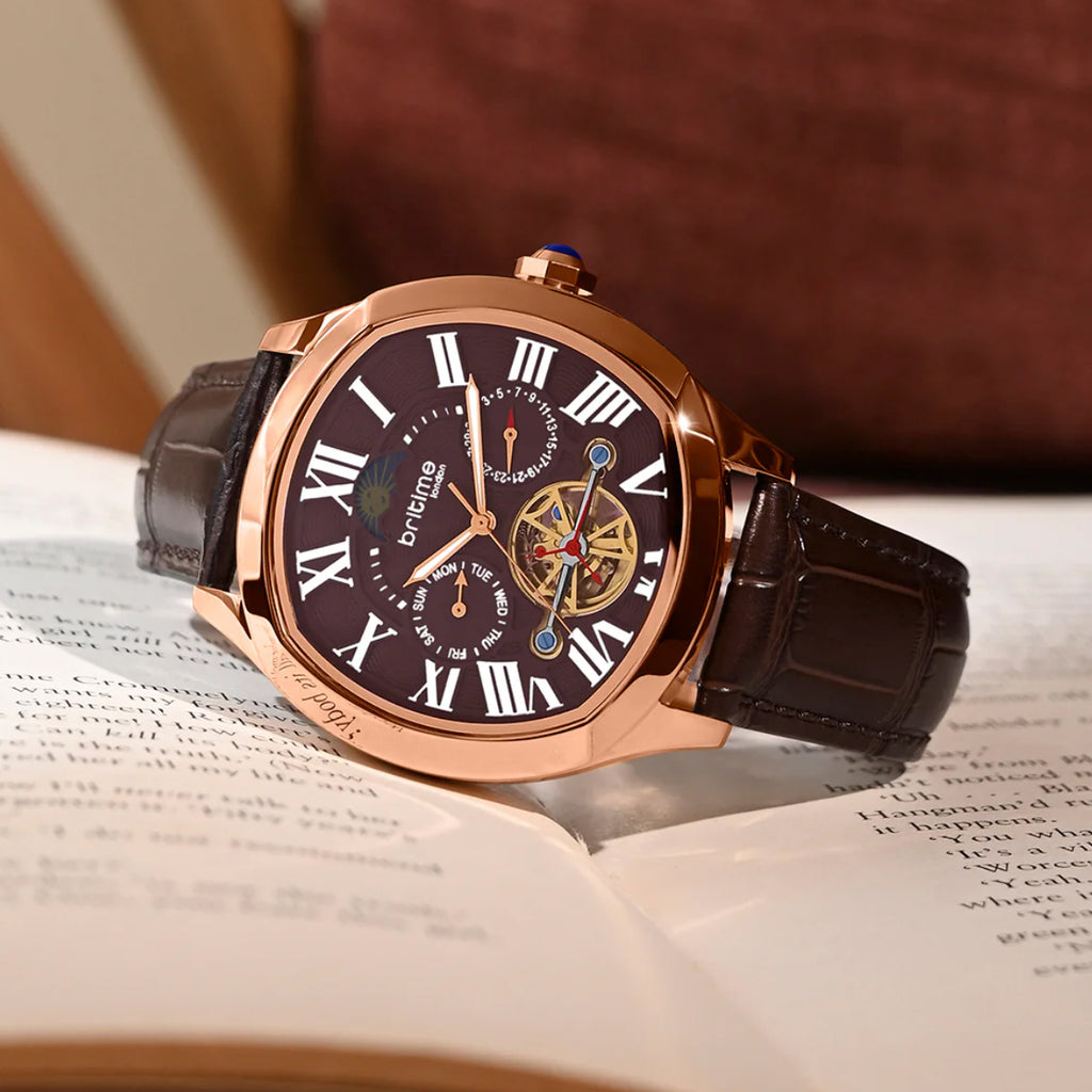 Romaire Men Automatic Maroon Dial Multi-Function Leather Watch 1641-L30608