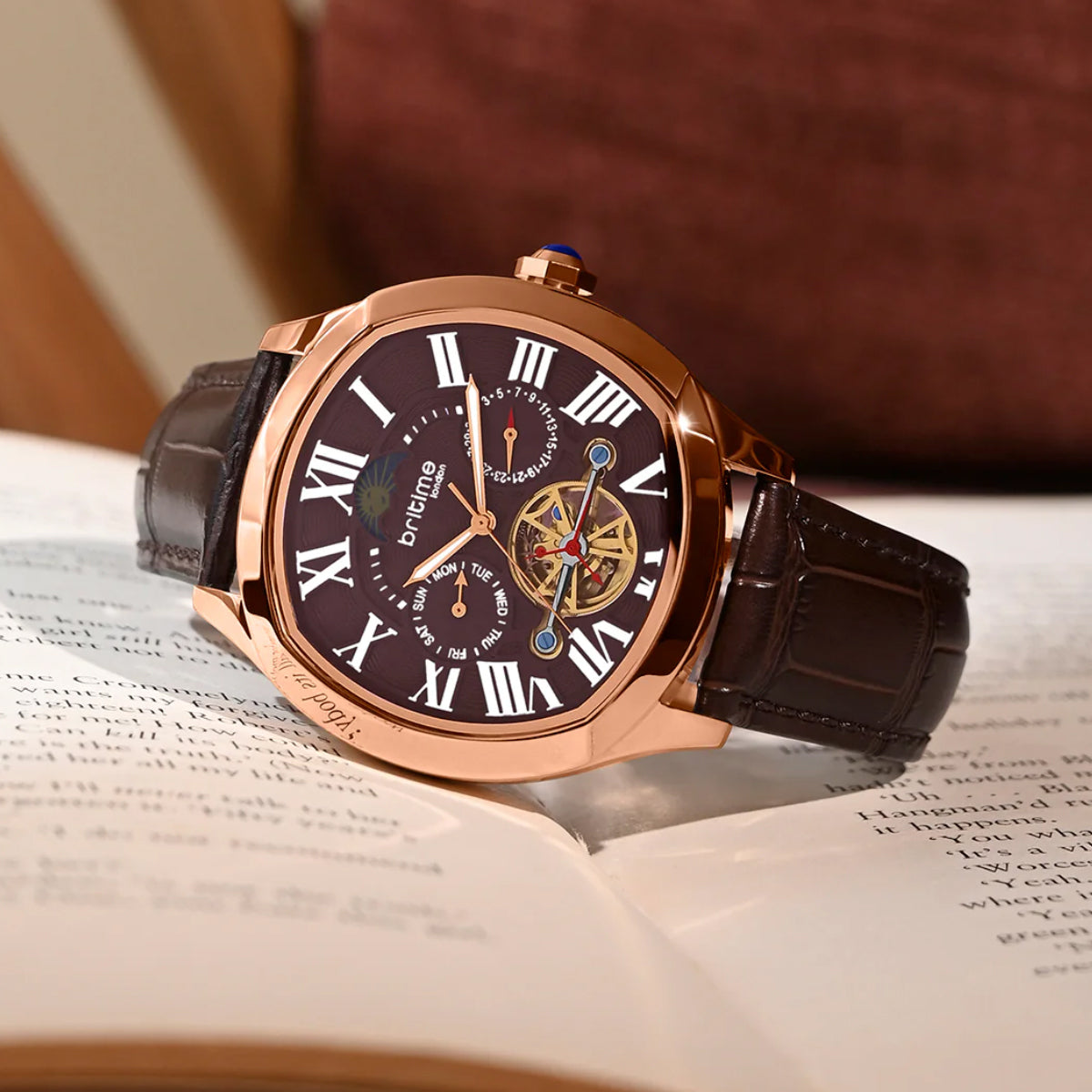 Romaire Men Automatic Maroon Dial Multi-Function Leather Watch 1641-L30608