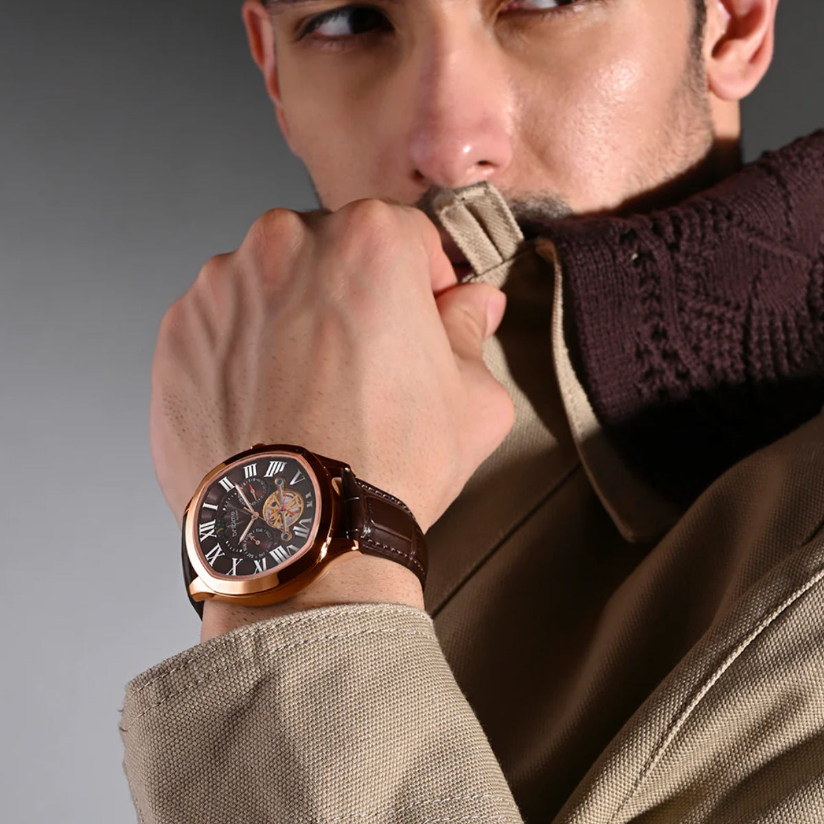 Romaire Men Automatic Maroon Dial Multi-Function Leather Watch 1641-L30608