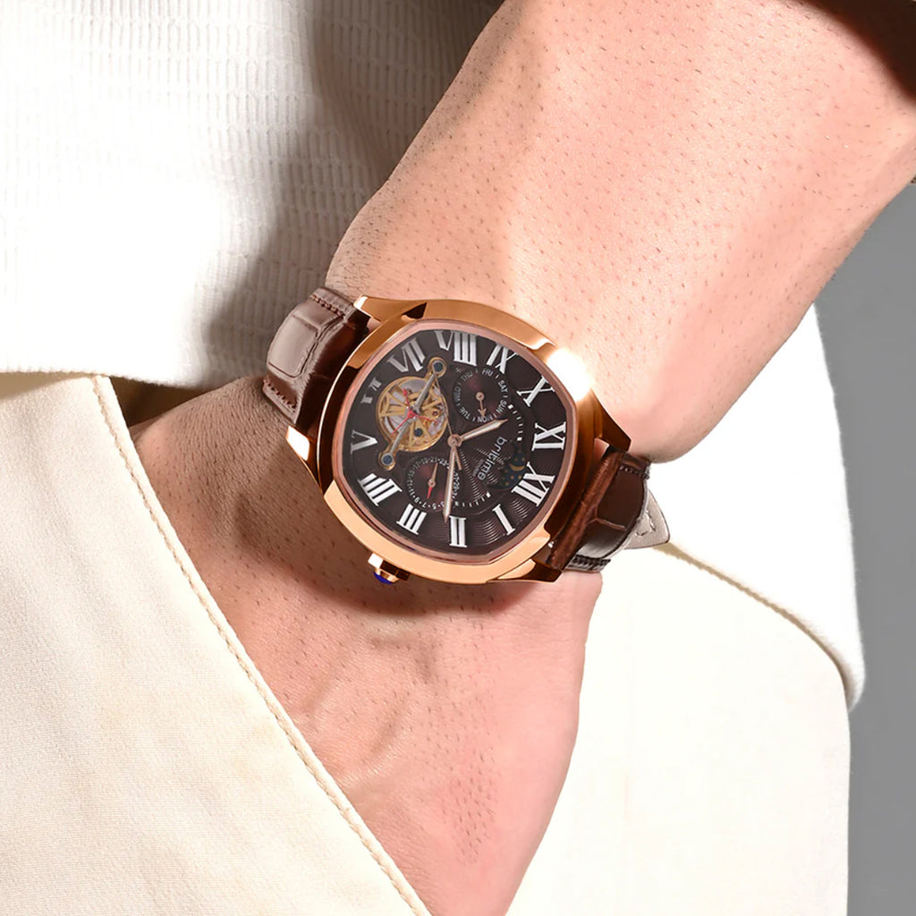Romaire Men Automatic Maroon Dial Multi-Function Leather Watch 1641-L30608